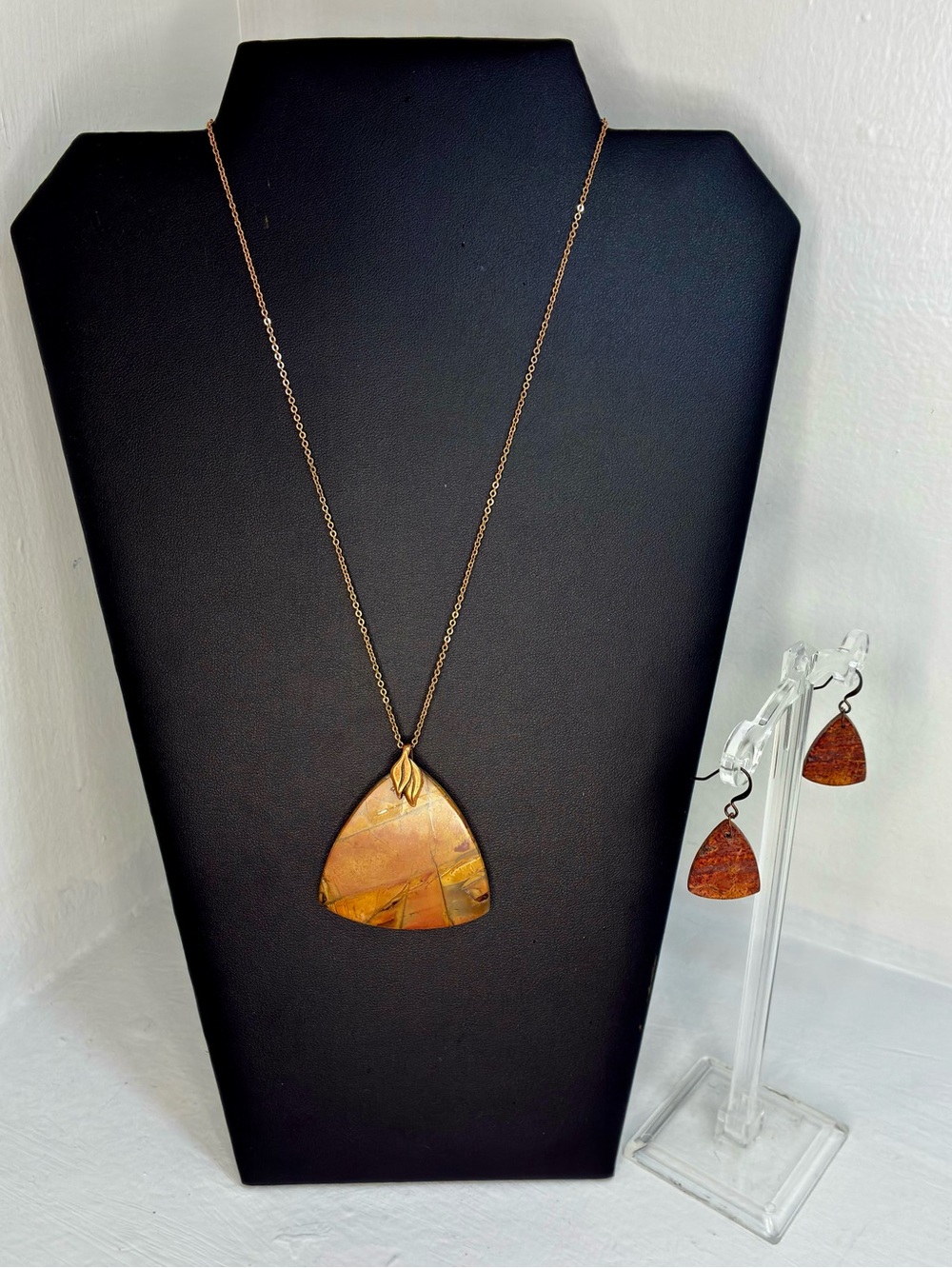 Handcrafted triangular Picasso Jasper pendant w/ matching earrings